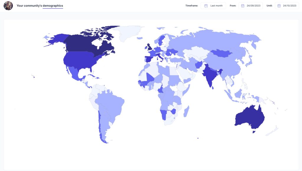 A global demographics heatmap displaying the geographic distribution of a community's members over the past month. Countries are shaded in various shades of blue, with darker colors indicating higher user activity or concentration. The map highlights significant engagement in regions such as North America, Europe, and Australia. The interface includes a timeframe filter, showing data from September 24 to October 24, 2023. This visualization offers insights into the community's international reach and engagement trends.