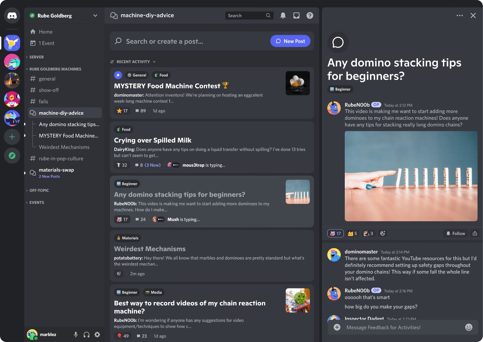 A screenshot of the "machine-diy-advice" forum in the Rube Goldberg Discord server. The interface displays multiple posts, including topics like a "MYSTERY Food Machine Contest," "Crying over Spilled Milk," and "Any domino stacking tips for beginners?" The sidebar lists server sections such as general, show-off, fails, and materials-swap. The right-hand panel shows a detailed post about domino stacking, with an image of a hand setting up dominoes and responses offering advice. The layout highlights active discussions and community engagement in machine-building projects.