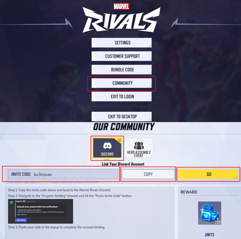 Marvel Rivals in-game menu with the "Community" option highlighted. The lower section shows options to link a Discord account with an invite code, along with instructions and a reward of 100 units for completing the account binding process.