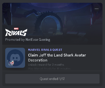 Marvel Rivals promotional event on Discord, featuring a quest to claim a "Jeff the Land Shark" avatar decoration. The quest, promoted by NetEase Gaming, offered a reward for playing Marvel Rivals for 15 minutes and ended on January 17th.