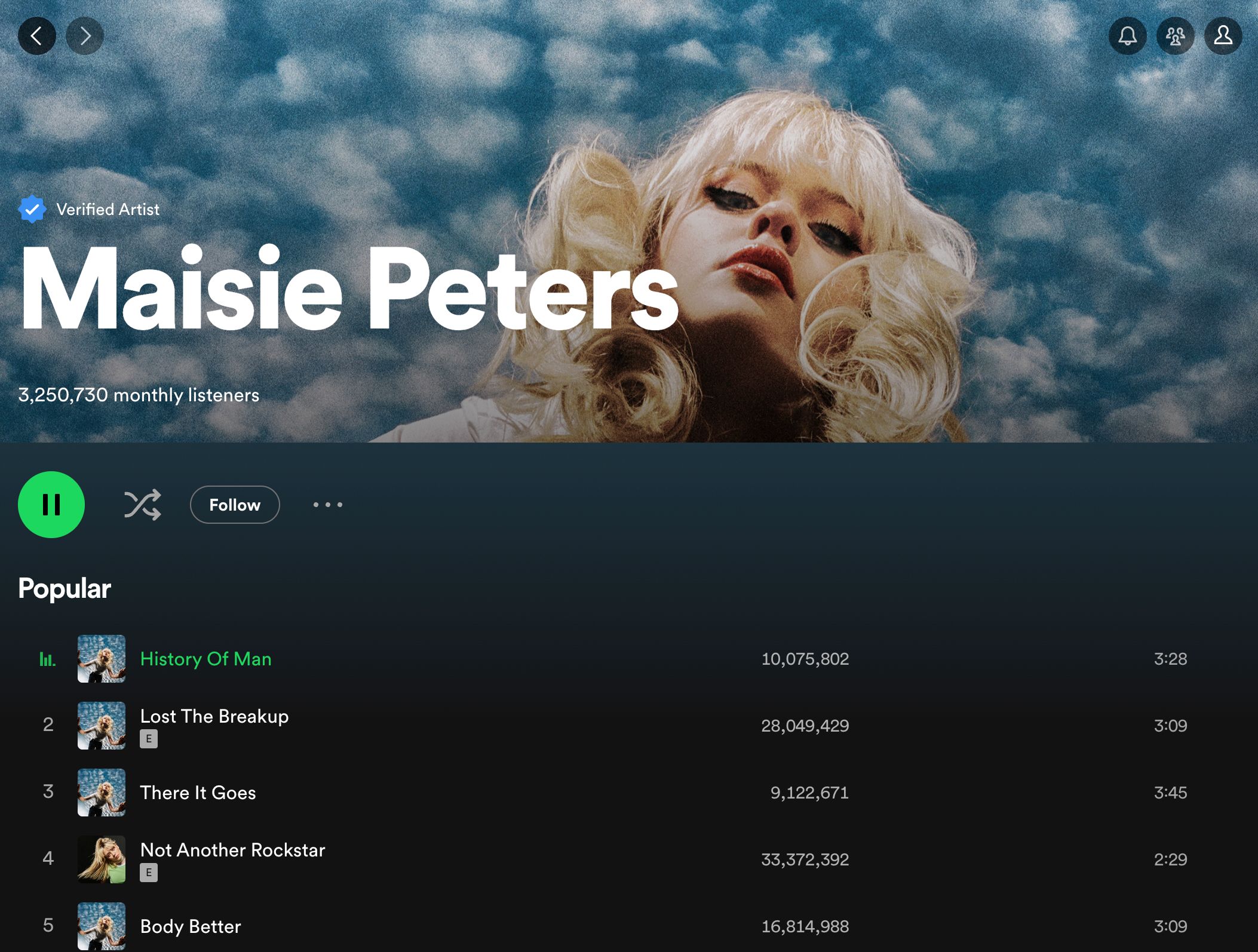 A Spotify artist profile for Maisie Peters is displayed, featuring her name prominently against a cloudy sky background. Maisie Peters has 3,250,730 monthly listeners. Below her name, her popular songs are listed, including "History Of Man," "Lost The Breakup," and "Not Another Rockstar." The interface shows options for playback, shuffle, and following the artist, with the play button currently green and active.