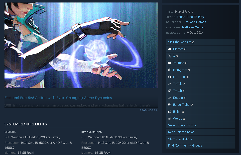 Steam page for Marvel Rivals, showcasing a character generating a glowing blue energy field. The page includes system requirements and multiple social media links on the right, including a link to the official Discord server.