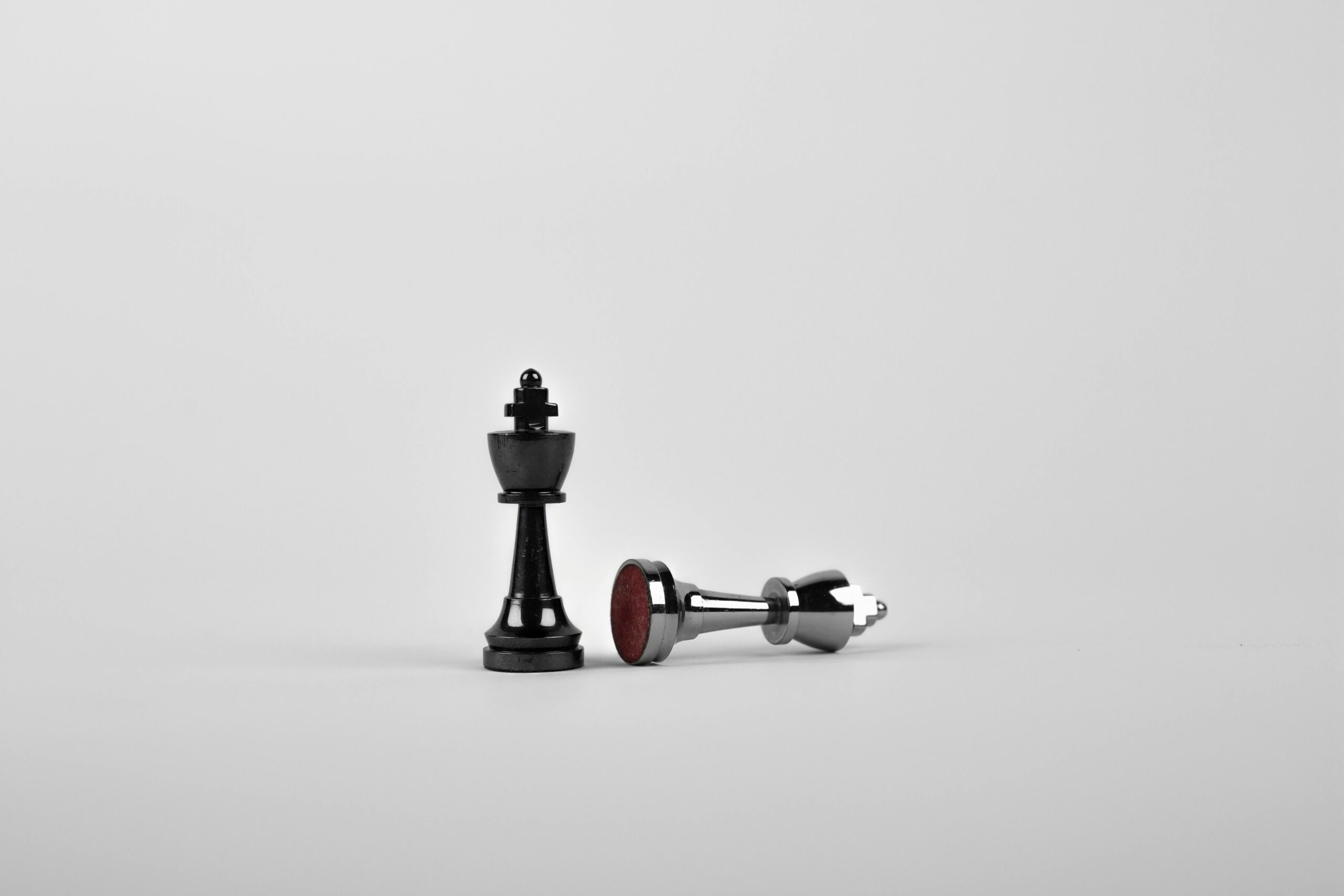 A black king and a silver queen chess piece placed on a white background, showing their bases and contrasting materials.